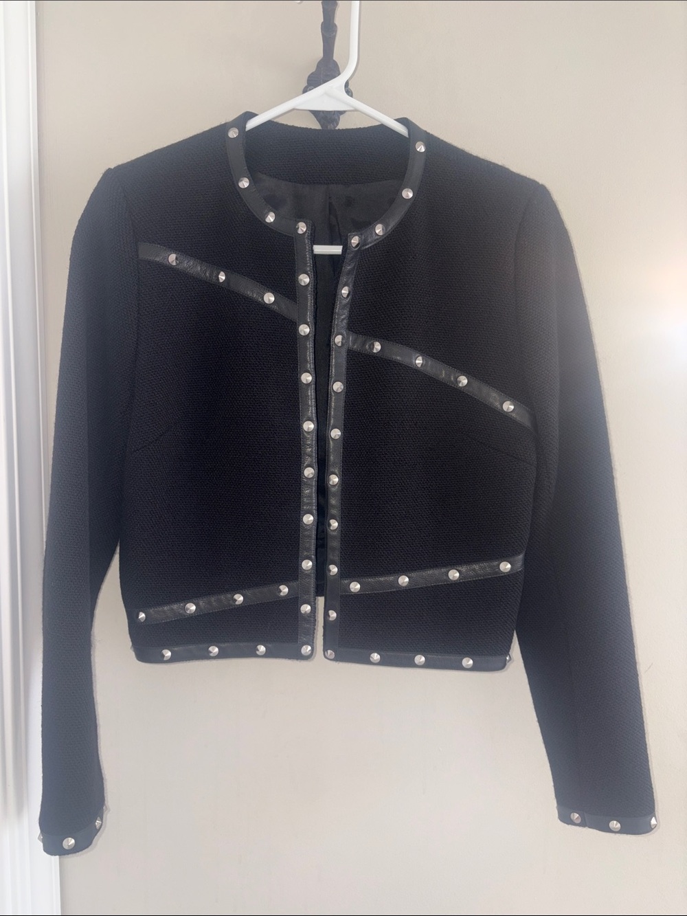 The Kooples Paula Studded Cropped Jacket Black Stud-Trim Blazer Size 36